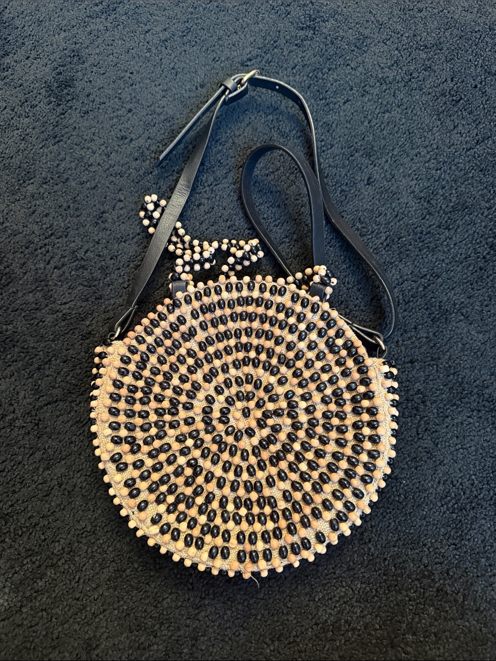 Zara Round Beaded Crossbody Bag in Natural and Black